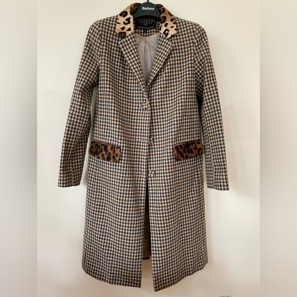 Helene Bergman x Anthropologie Leopard Trimmed Plaid Coat